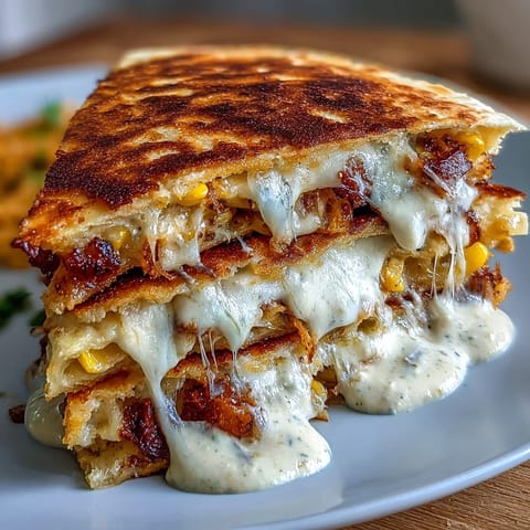 Golden quesadillas bursting with Mexican street corn flavors, drizzled with spicy chipotle crema and garnished with fresh cilantro.