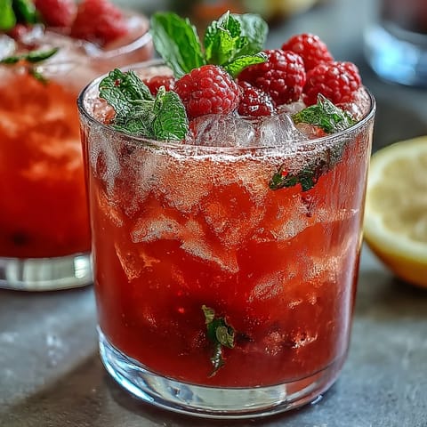Refreshing raspberry lemon spritz mocktail with fresh berries, zesty lemon, and sparkling water, garnished with mint and lemon slices.
