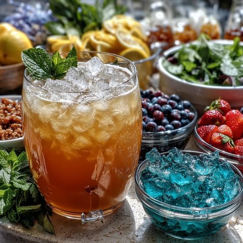 A colorful lemonade bar with fresh fruit and herbs for a customizable drink experience.