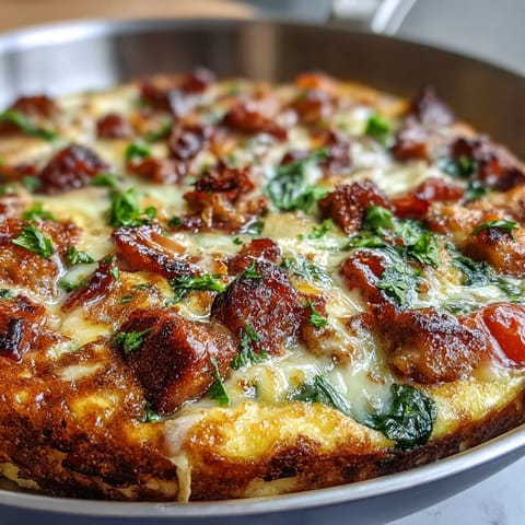 Fluffy One-Pan Ham and Swiss Frittata with melted cheese, tender spinach, and juicy cherry tomatoes baked to golden perfection.