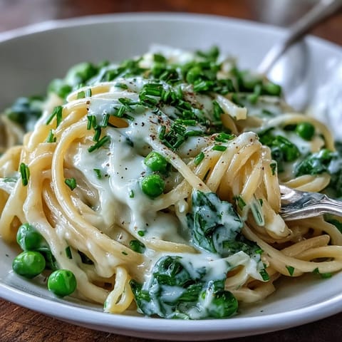 Spring pasta with lemon cream sauce and peas in a white bowl, garnished with Parmesan and lemon zest, served with a fork beside it.