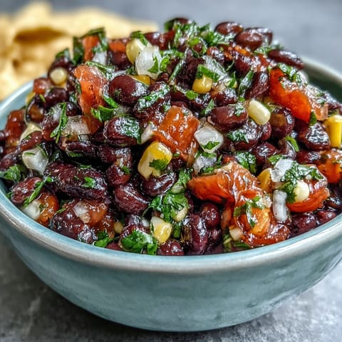 Three-Ingredient Cowboy Caviar Dip: A colorful mix of black beans, sweet corn, and zesty pico de gallo in a serving bowl.