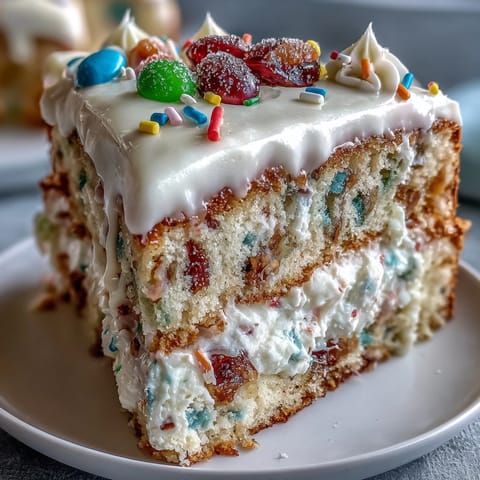 A delightful slice of Spring Birthday Party Funfetti Dip Cake layered with creamy frosting.