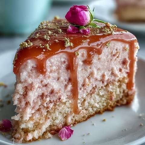 Bridal Shower Rosé Velvet Cake with Gold Drip on a cake stand, showcasing its delicate pink layers and shimmering gold drip.