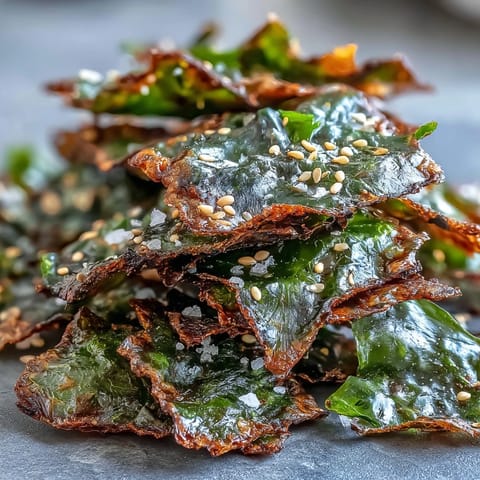 Crispy baked seaweed snack chips sprinkled with sesame seeds and sea salt.
