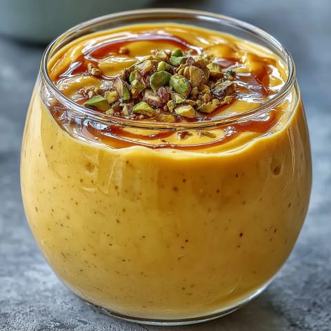 Creamy mango lassi smoothie with cardamom, perfect for a refreshing Indian-inspired treat.