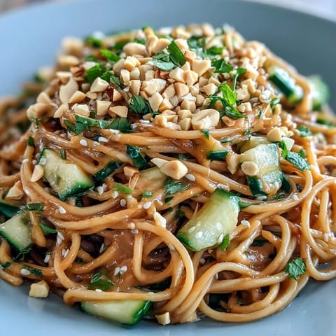 Tender noodles tossed in rich peanut sauce, topped with fresh cucumber, perfect for lunch.