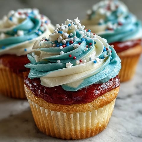 Festive Star-Spangled Banner Cupcakes with patriotic red, white, blue swirl frosting.