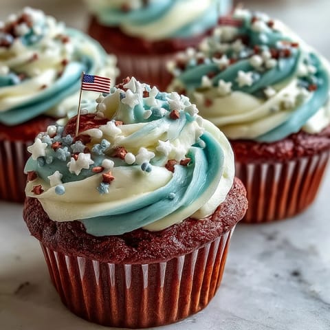 Vibrant Star-Spangled Banner Cupcakes topped with a celebratory edible American flag.