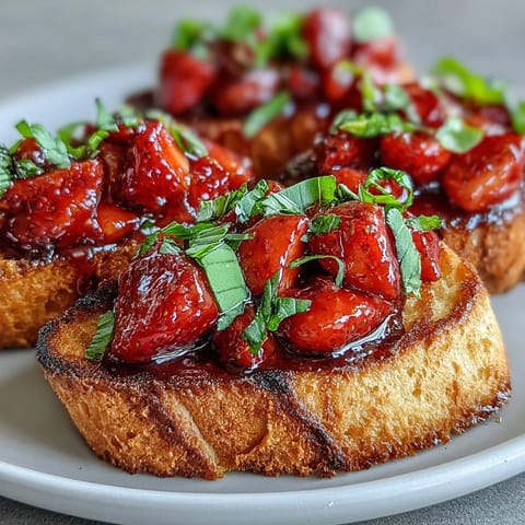 Strawberry Balsamic Bruschetta with grilled sourdough, a fresh, vibrant appetizer delight.