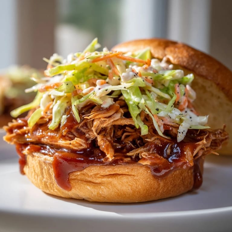 Homemade BBQ chicken sandwich bursting with savory flavors, served on a soft bun for a meal.