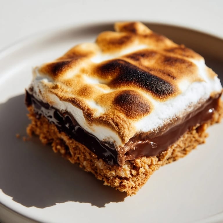 Golden, bubbly Smores Bars, showing layers of chocolate, graham cracker crust, and marshmallows.