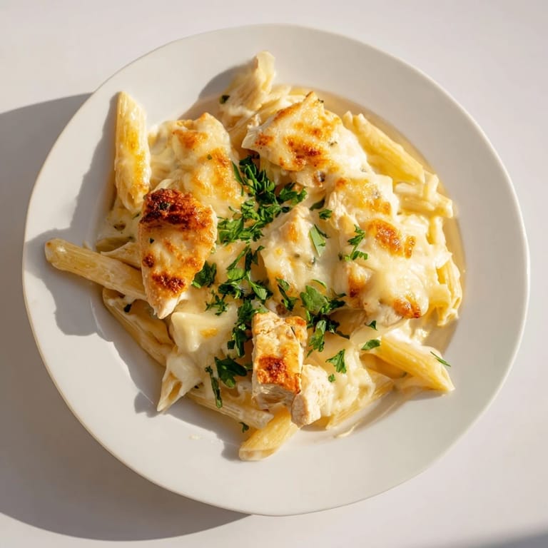 Creamy Chicken Alfredo Bake with bubbly cheese topping, served steaming hot and inviting on a plate.