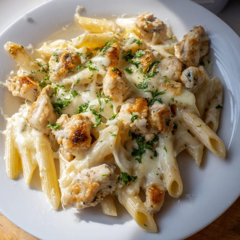 A close-up of a flavorful Chicken Alfredo Bake, featuring pasta, tender chicken, and melted cheese.