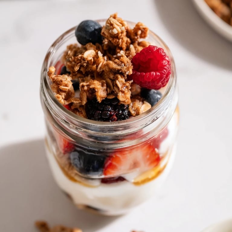 Beautiful layered Berry Parfait with fresh berries, yogurt, and granola, perfect for breakfast.