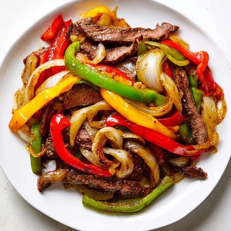 Enjoy delicious steak fajitas, featuring tender steak with fixings ready for the perfect Tex-Mex meal.