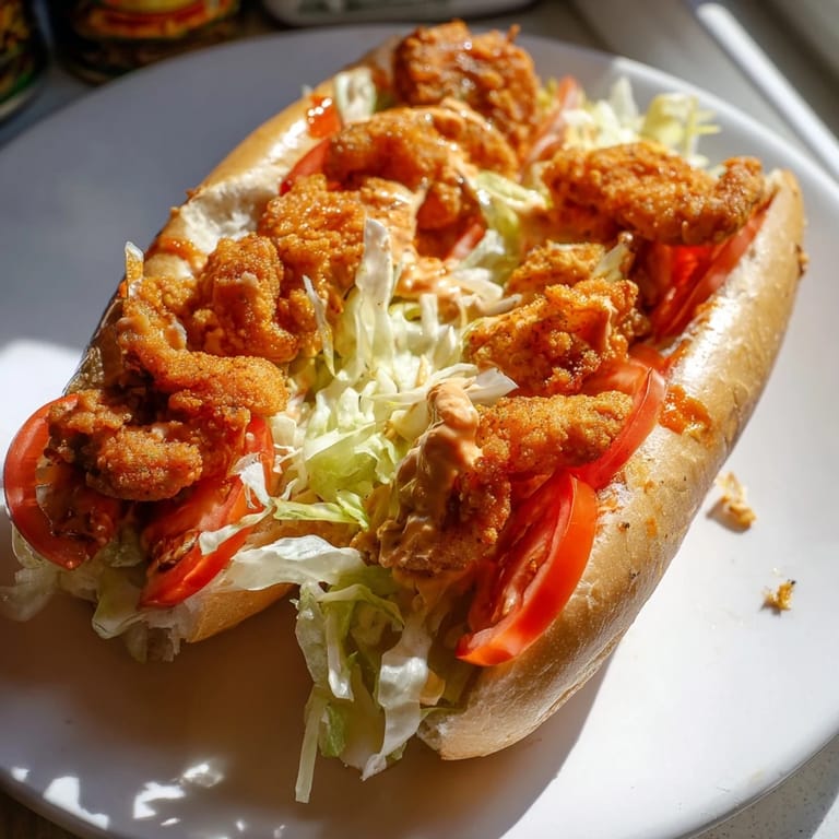 Close-up of a loaded Shrimp Po Boy, showcasing crispy fried shrimp stacked high on a toasted roll.