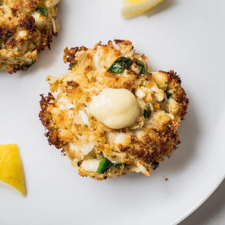 Close-up of freshly made Crab Cakes, showcasing the tender crab filling and crispy, seasoned exterior.