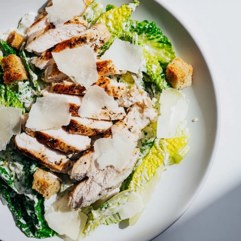 A close-up view of a flavorful Chicken Caesar Salad, featuring juicy chicken and crunchy croutons.