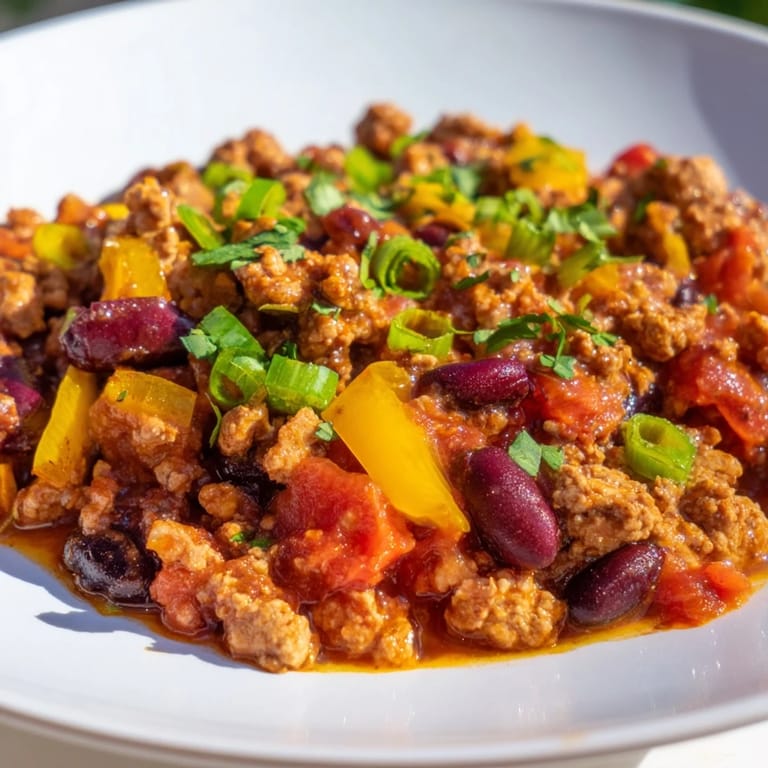 A close-up of a richly spiced turkey chili with visible beans and diced vegetables.