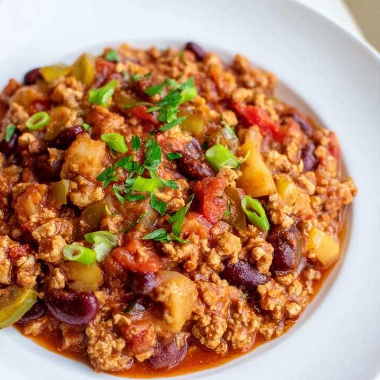 Hearty turkey chili simmering in a Dutch oven, perfect for a cozy, flavorful dinner.