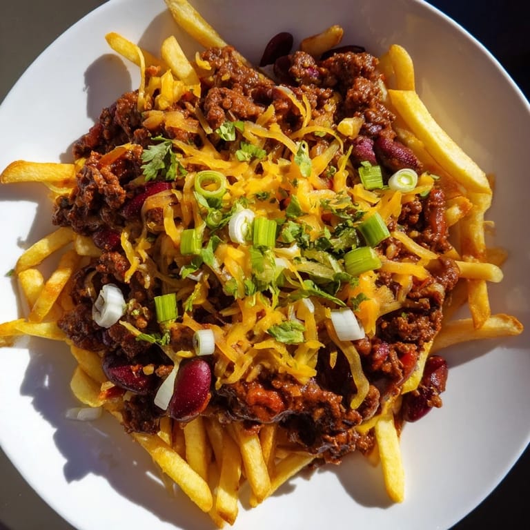 A generous portion of Chili Cheese Fries features bubbly cheddar atop a savory beef chili covering fries.
