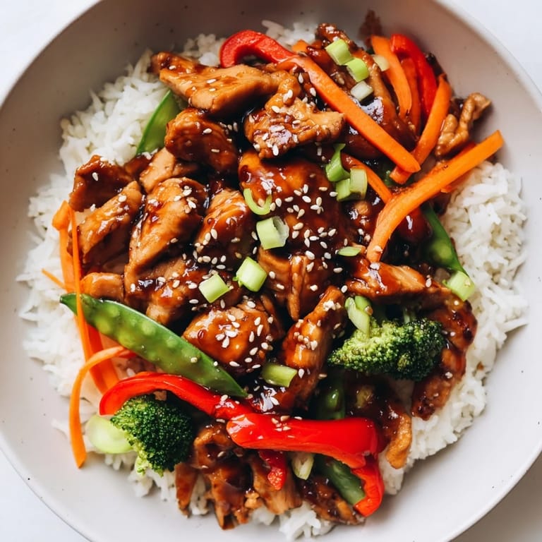 This delicious Teriyaki Chicken Bowl showcases perfectly glazed chicken, colorful veggies, and sesame seeds over a bed of rice.