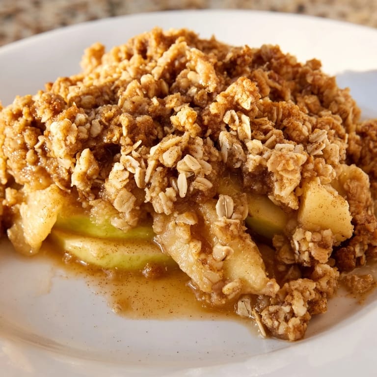 Warm, spiced apple crumble, served with a scoop of vanilla ice cream for a delightful treat.