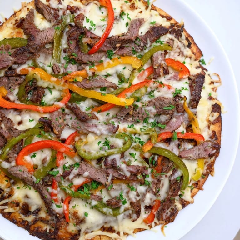 Golden-crusted Philly cheesesteak pizza with visible steak, peppers, and onions ready to be sliced and served.