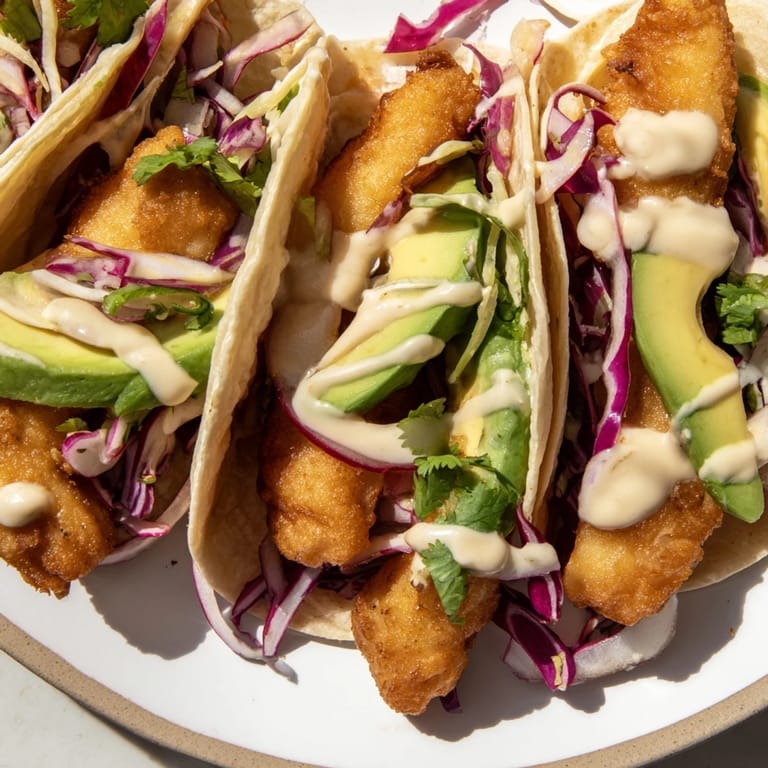Vibrant image shows delicious Baja Fish Tacos: fried fish, creamy sauce, and fresh toppings.