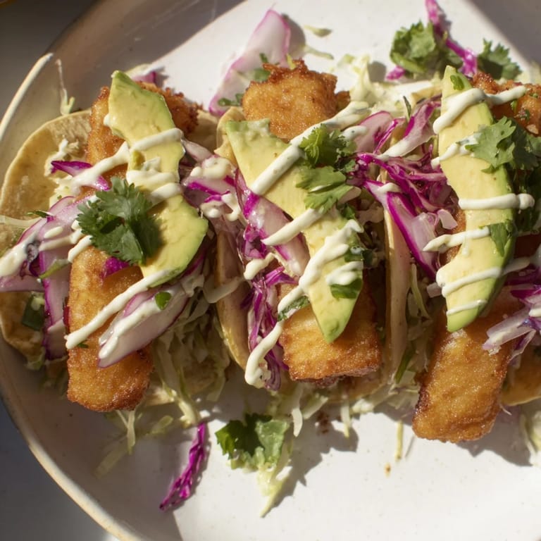 Enjoy a close-up of flavorful Baja Fish Tacos with flaky fish, crunchy cabbage, and a zesty sauce.