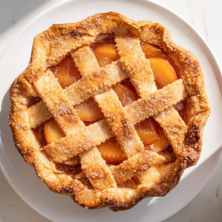 Sweet, juicy peach pie features a lattice crust, perfect served with melting vanilla ice cream.