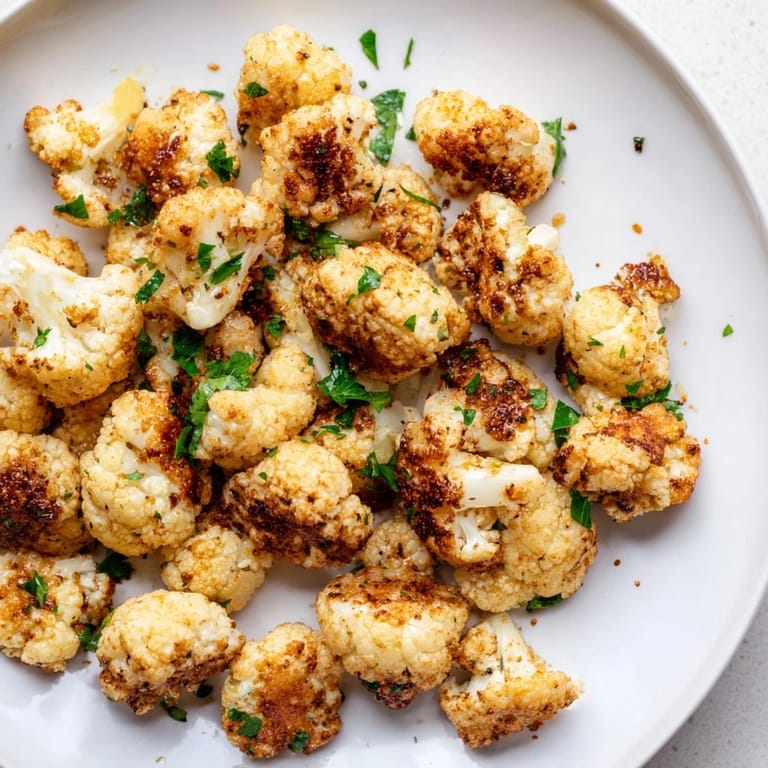A baking sheet filled with perfectly browned roasted cauliflower, ready to be served.