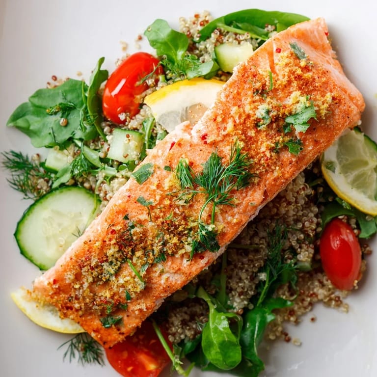 Hearty Lemon Herb Salmon Salad with colorful vegetables, fresh dill and mint, and a bright citrus dressing, ready to serve.