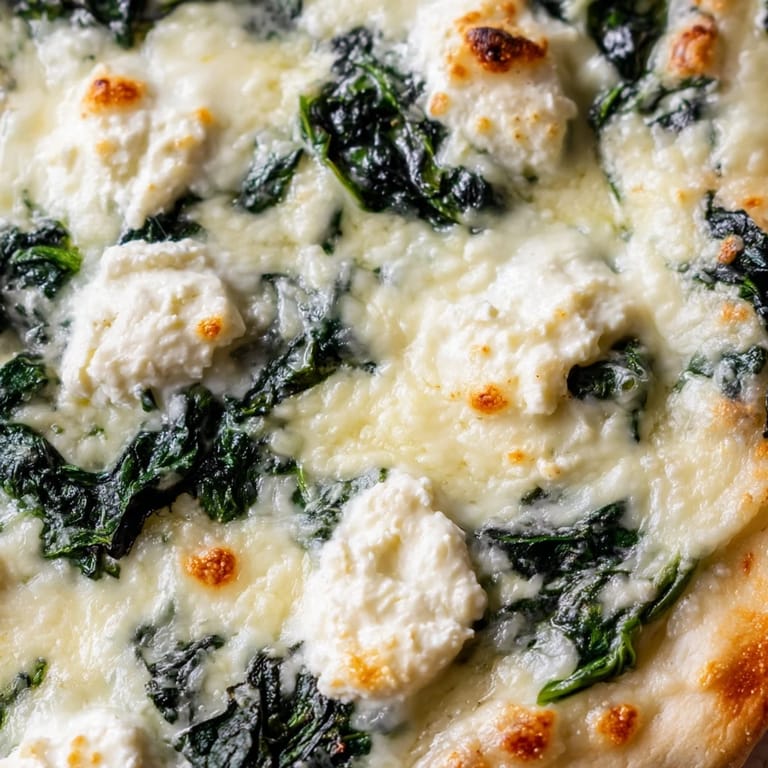 Rustic Spinach Ricotta Pizza bubbling with creamy ricotta and herbs, cut on a marble countertop.