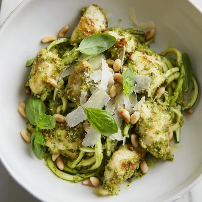 Savory Mediterranean-style Pesto Zucchini Chicken Bowl topped with grated Parmesan, pine nuts, and fresh basil served in a rustic white bowl.