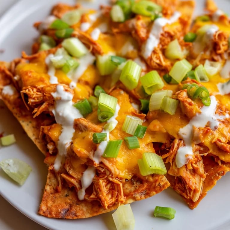 Spicy buffalo chicken, crisp tortilla chips, and bubbling cheese create a colorful platter of Buffalo Chicken Nachos ready for casual entertaining with celery and tomatoes.