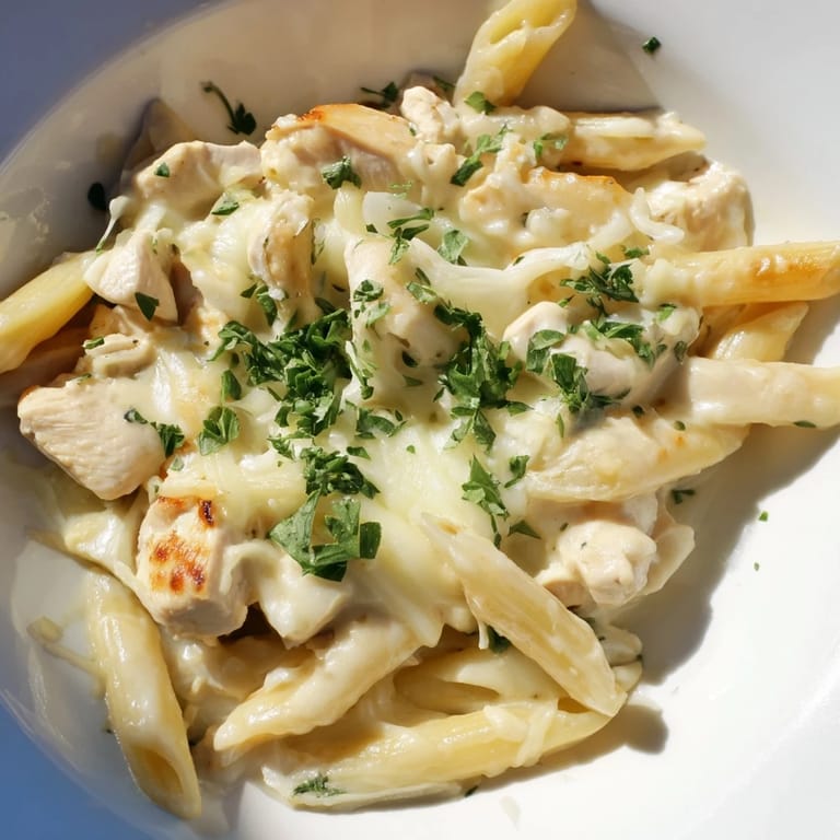 Freshly baked Chicken Alfredo Casserole served with a side salad, steam rising from the golden cheesy surface.
