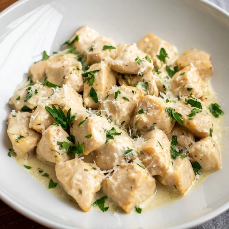 Sautéed Creamy Garlic Chicken Bites paired with crusty bread for dipping into the luscious, garlicky dairy-free sauce.