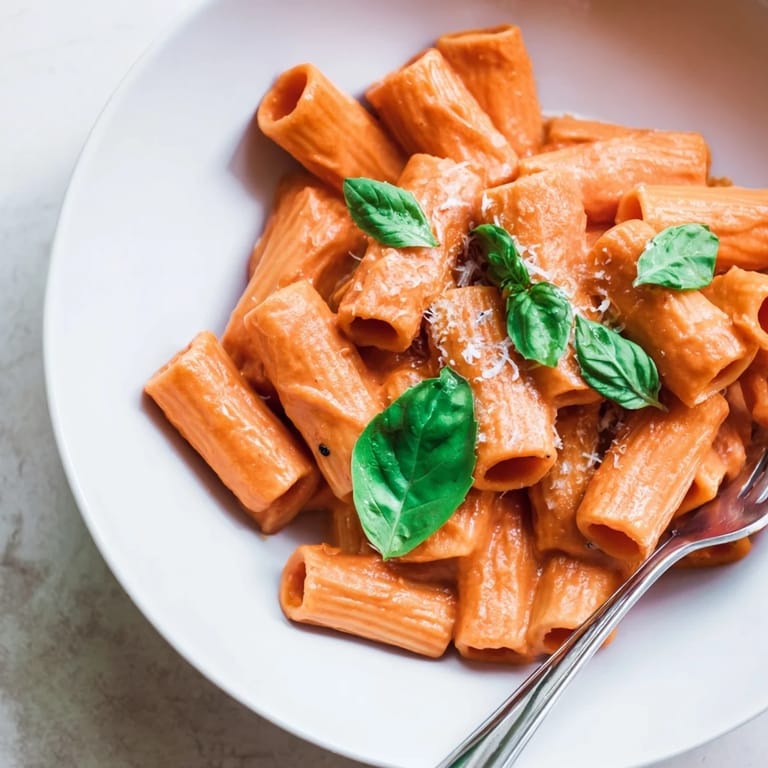 A close-up of Roasted Red Pepper Pasta highlights glossy sauce, fresh basil garnish, and steam rising from the savory Italian main dish.
