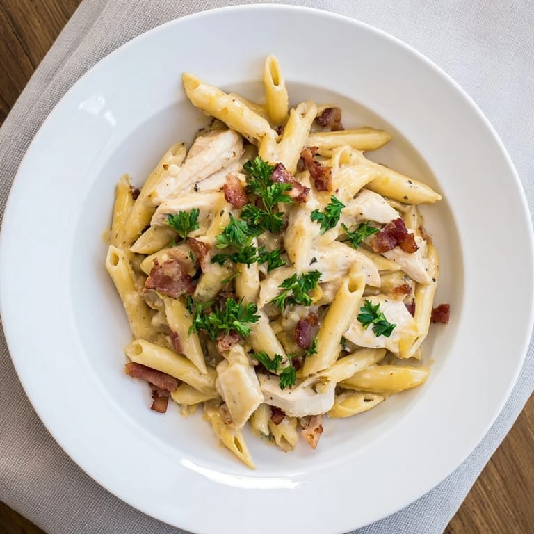 A close-up of a fork lifting a bite of Creamy Chicken Bacon Penne from a white ceramic bowl.