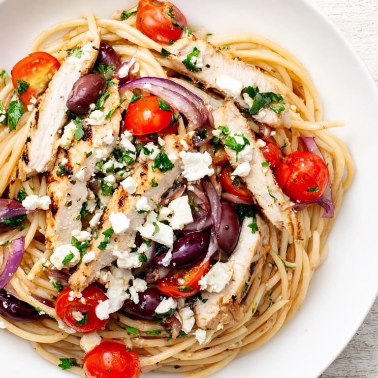 Homemade Greek Chicken Spaghetti tossed with spaghetti, ripe tomatoes, and fresh herbs for a Mediterranean meal.