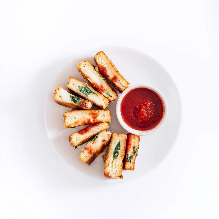 Toasted sourdough layers of Caprese Grilled Cheese Dippers showcase bubbling cheese, juicy tomatoes, and fragrant basil, served hot alongside a bowl of tangy marinara.