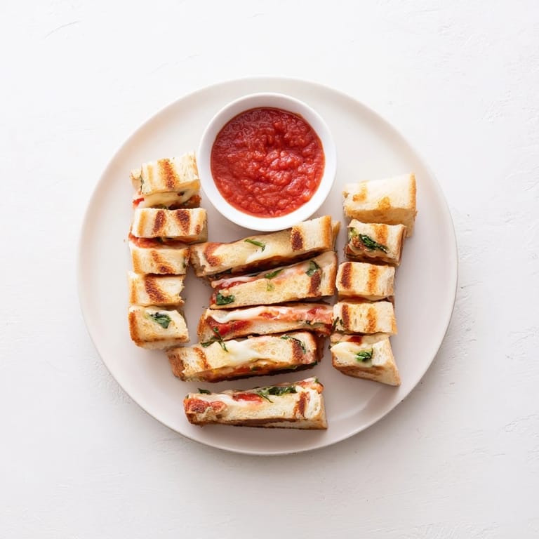 A close-up of crispy Caprese Grilled Cheese Dippers reveals melted mozzarella and fresh basil, arranged on a plate with marinara for dipping.