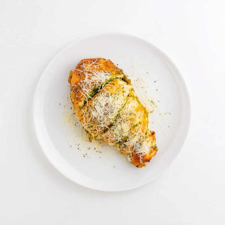 Fresh Mozzarella & Pesto Stuffed Chicken served with roasted vegetables and a crisp green salad.