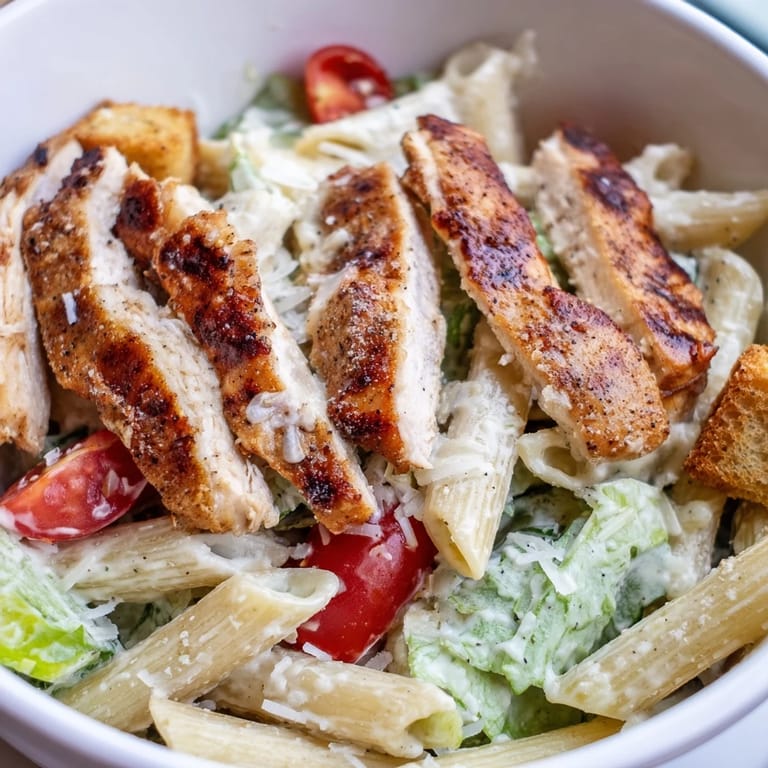 A hearty Caesar Pasta Chicken Bowl served warm, featuring al dente pasta, juicy sliced chicken, and shaved Parmesan cheese.