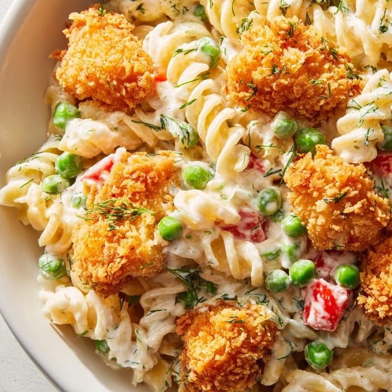 A serving spoon lifts a portion of Crispy Chicken Ranch Pasta Salad, revealing crunchy panko-coated chicken bites and tender pasta coated in a rich, homemade ranch dressing.