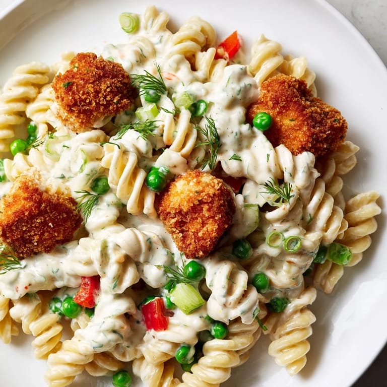 Overhead view of Crispy Chicken Ranch Pasta Salad served in a rustic bowl, garnished with fresh green onions and dill, perfect for a summer potluck.