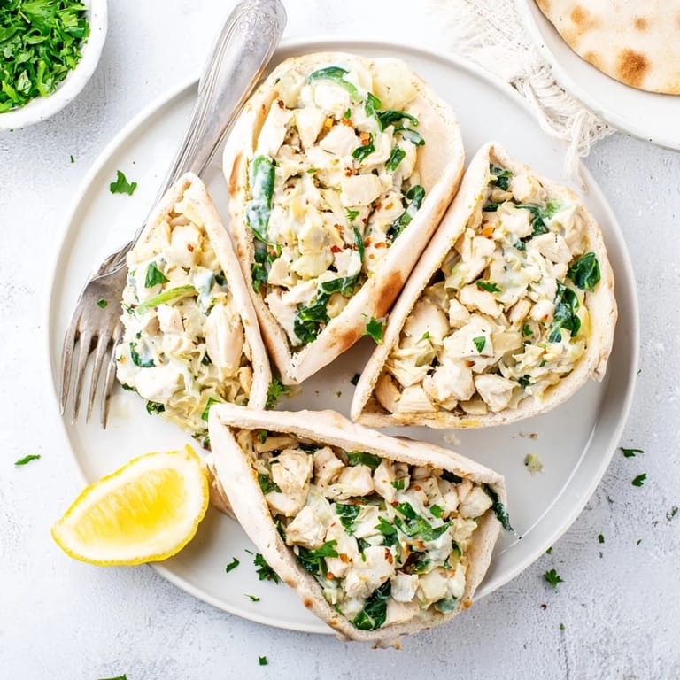 Four Spinach Artichoke Chicken Stuffed Pita halves, garnished with fresh parsley on a rustic wooden board.  