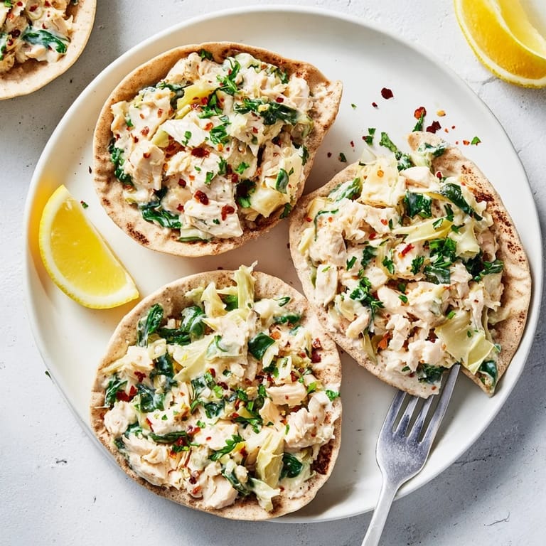 A close-up of Spinach Artichoke Chicken Stuffed Pita, showing the creamy filling and melted mozzarella cheese.
